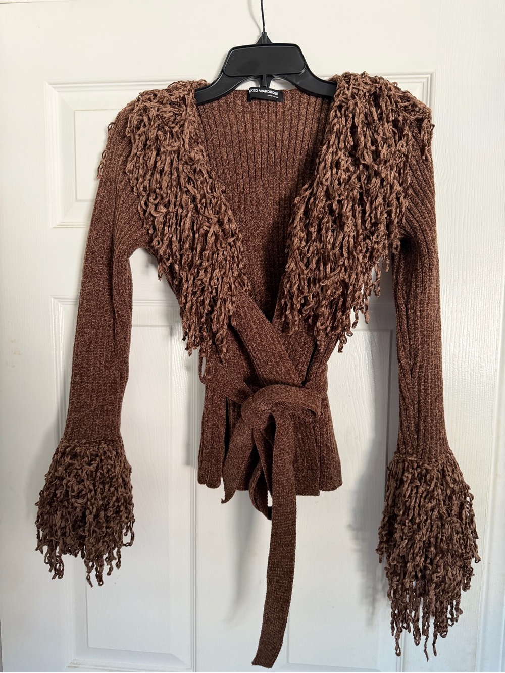 naked wardrobe Brown Fringe-Trim Wrap Cardigan